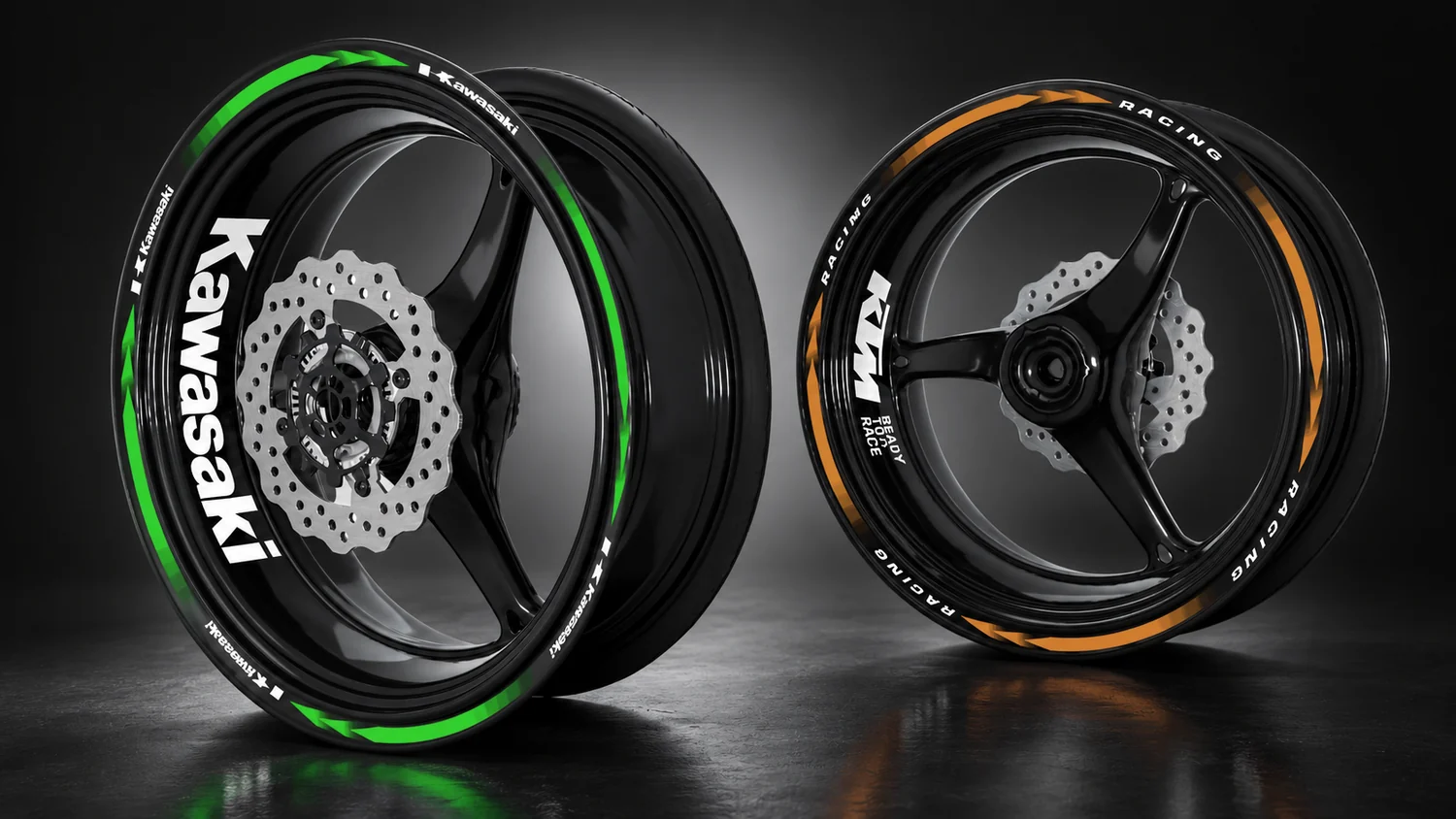 Kit'Express – Liserets de jante moto 17 pouces 1 Aperçu du configurateur Kit'Express : jantes noires 17 pouces avec liserets vert et orange